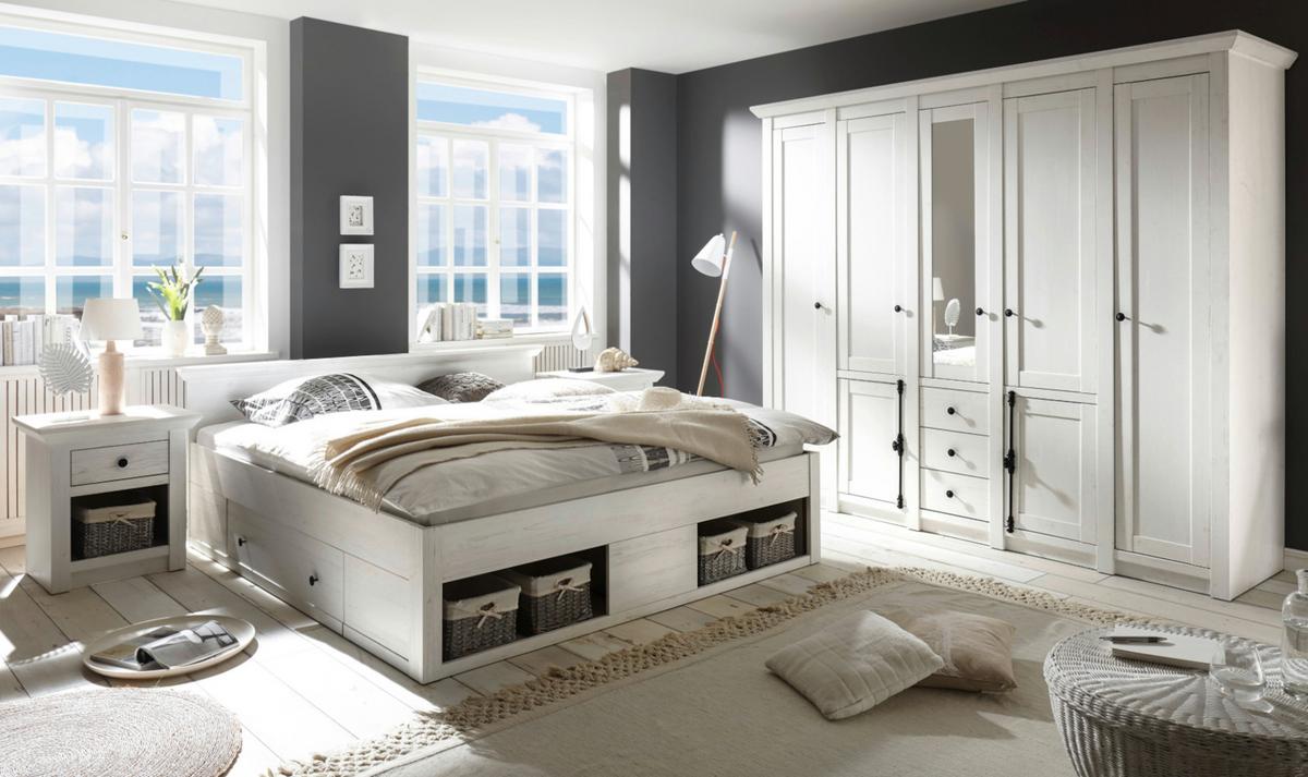 SCHLAFZIMMER 4-teilig Set Pinie weiß, Komplettset mit Doppelbett - Schwarz/Weiß, Glas/Holzwerkstoff (236/206/64cm) - Furn.Design