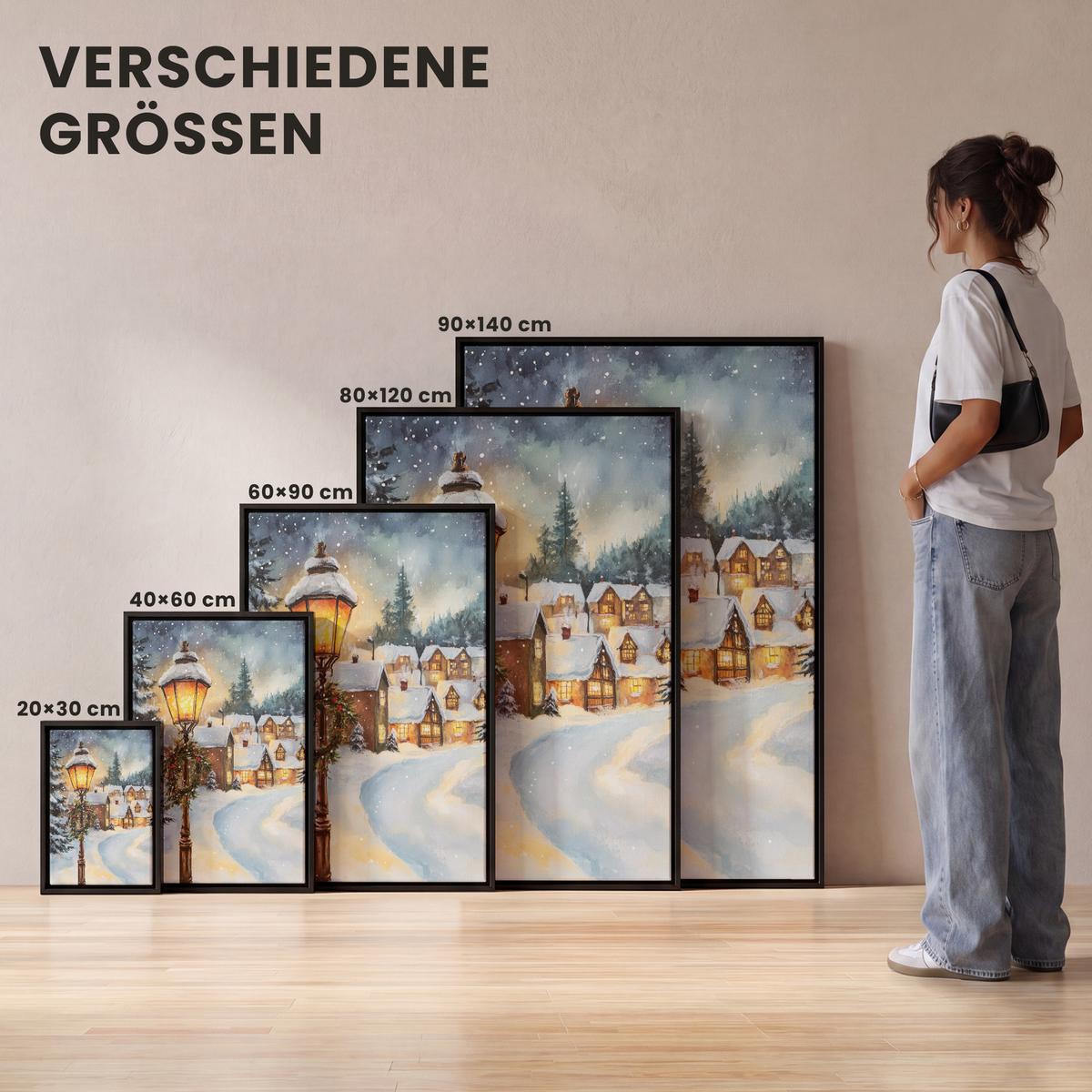 LEINWAND Bilder mit Rahmen - Weihnachtsdorf - Häuser - Schnee - Weihnachten - 100x150 - Sandfarben, Textil (100/150cm) - MuchoWow