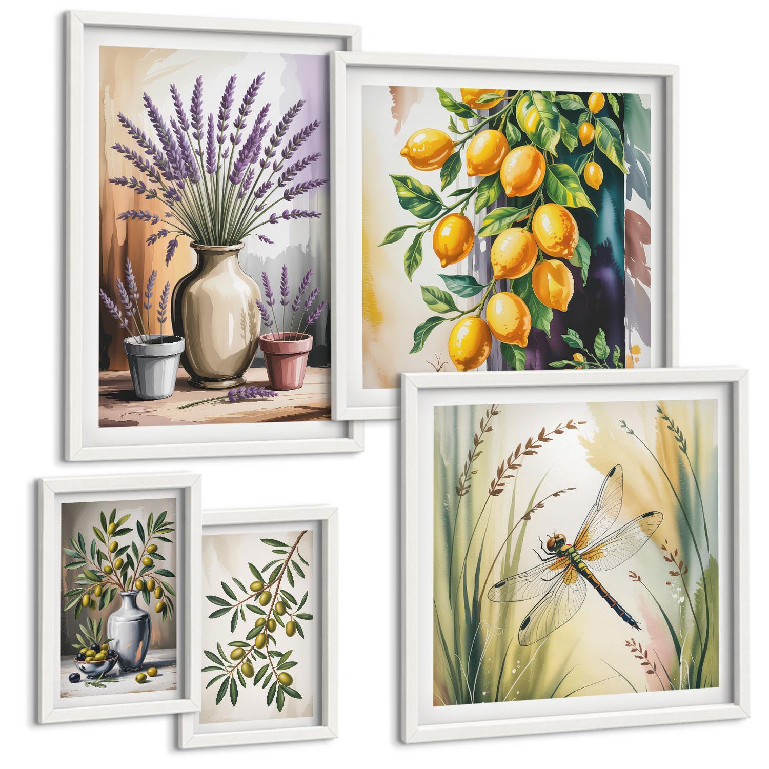 BILDER SET 5er Set - 50x50 cm & 20x30 cm & 40x60 cm Weißer Rahmen - Lavendelblüten und Architektur - Weiß, Kunststoff (40/60cm) - TULUP