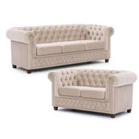 SITZGARNITUR 3+2 Chesterfield Cleo Blink Beige Samt mit Kristallsteppung und braunen Massivholzfüßen - Beige/Braun, Holz/Textil (203/72/86cm) - S-Style Möbel