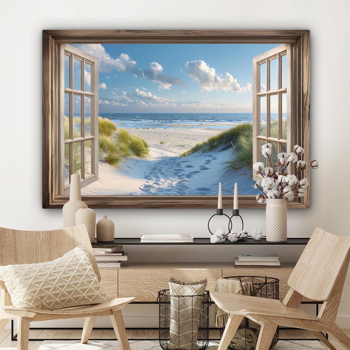 LEINWANDBILD Aussicht - Strand - Fenster - Dünen - Meer Wohnzimmer Groß 120x80 cm - Hellblau, Textil (120/80cm) - MuchoWow