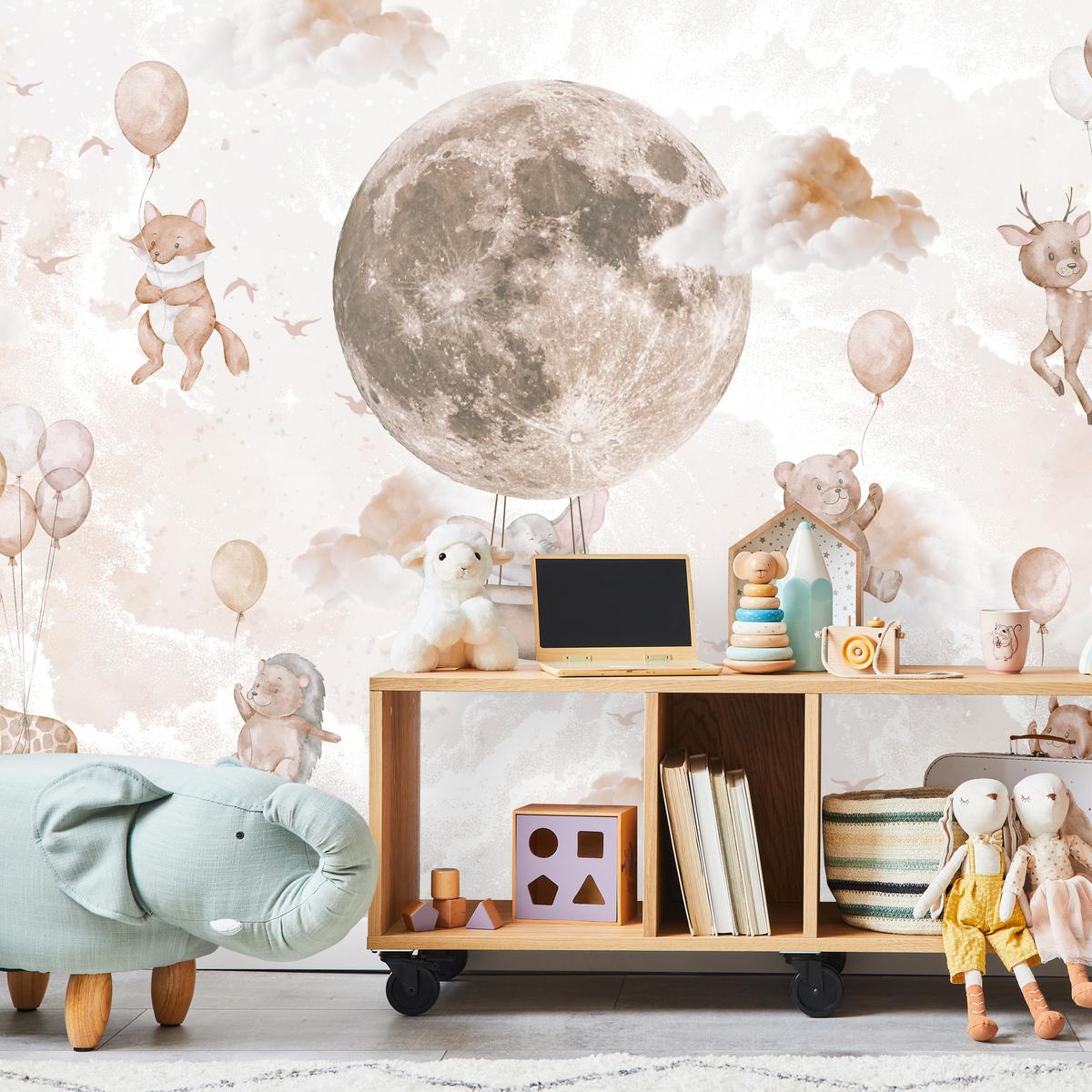 FOTOTAPETE für Kinderzimmer Mond Ballons Bär Rehkitz Giraffe Wolken 500x350 - Beige/Rosa, Papier (500/350cm) - Muralo