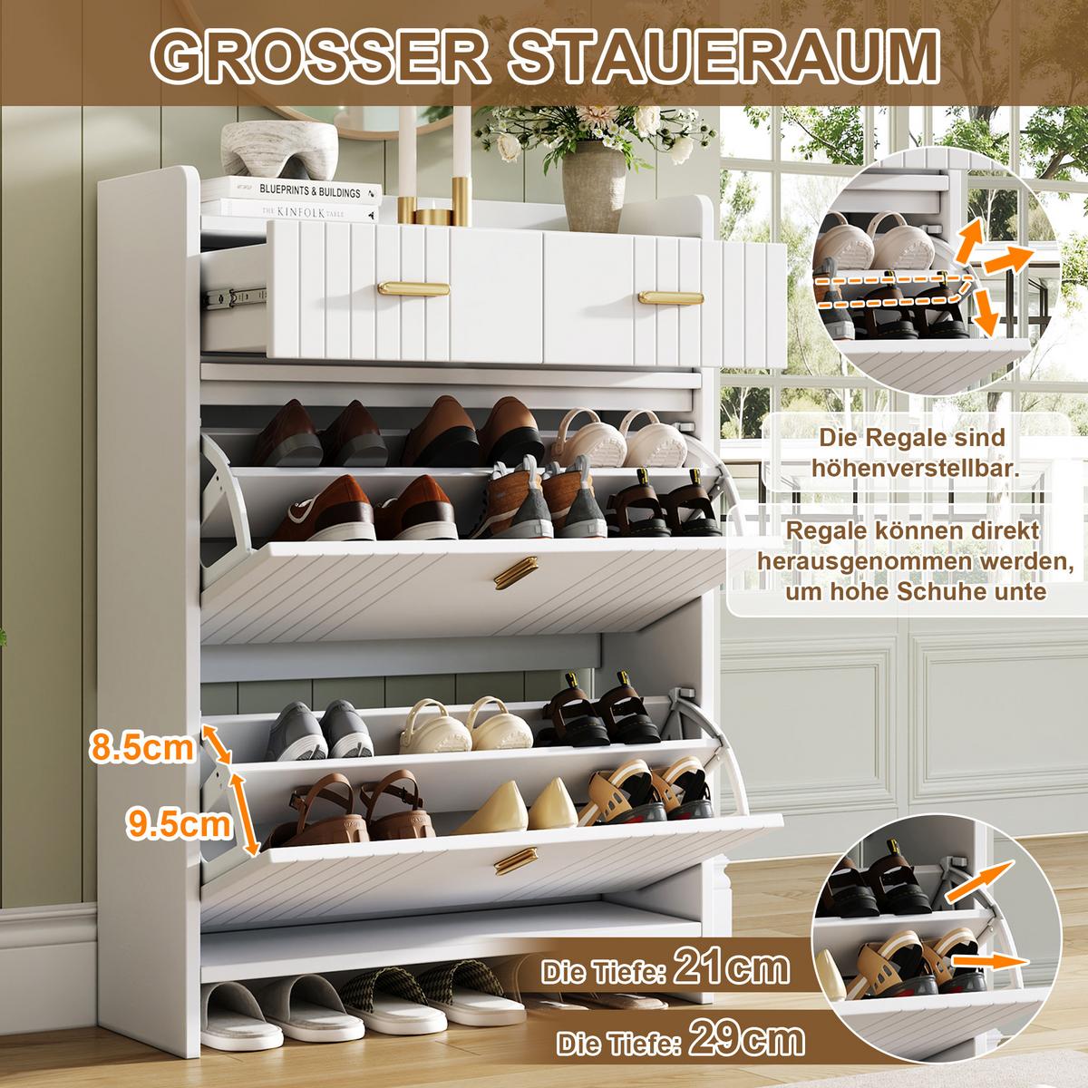 SCHUHSCHRANK Schmal mit 2 Klappfächern & Schubladen Modern - Weiß, Holzwerkstoff (75/108.5/24cm) - Urban Meuble