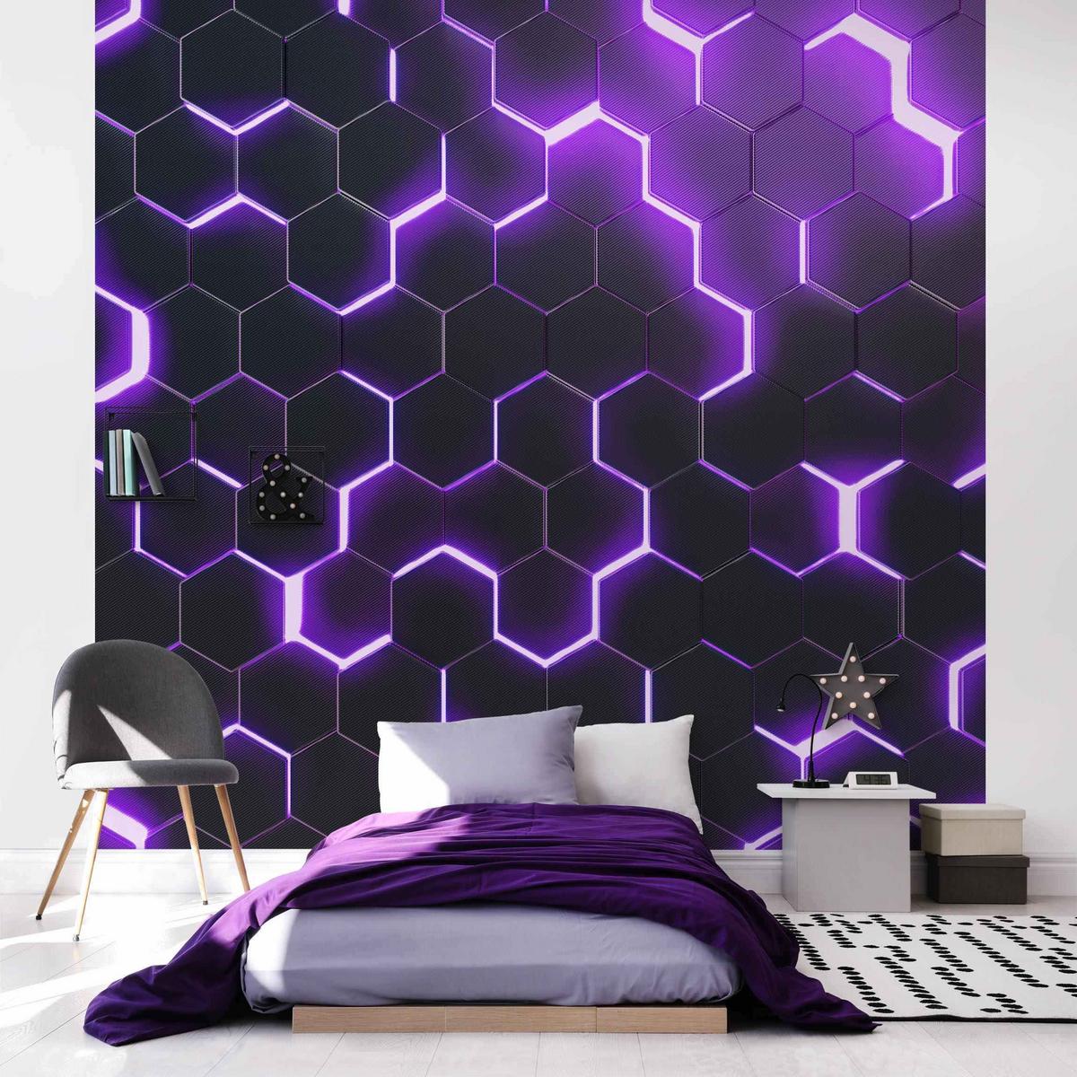 FOTOTAPETE Strukturierte Hexagone mit Neonlicht in Lila 240/240 cm - Schwarz, Papier (240/240cm) - Bilderwelten