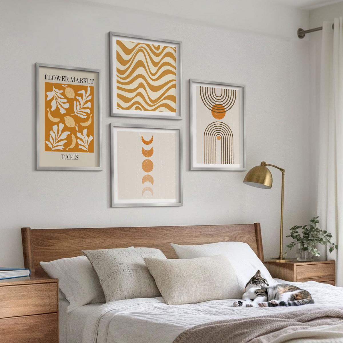 BILDER SET 4er Set - 50x50 cm & 40x60 cm Silberner Rahmen - Geometrische Pflanzenmuster - Silberfarben, Kunststoff (50/50cm) - TULUP