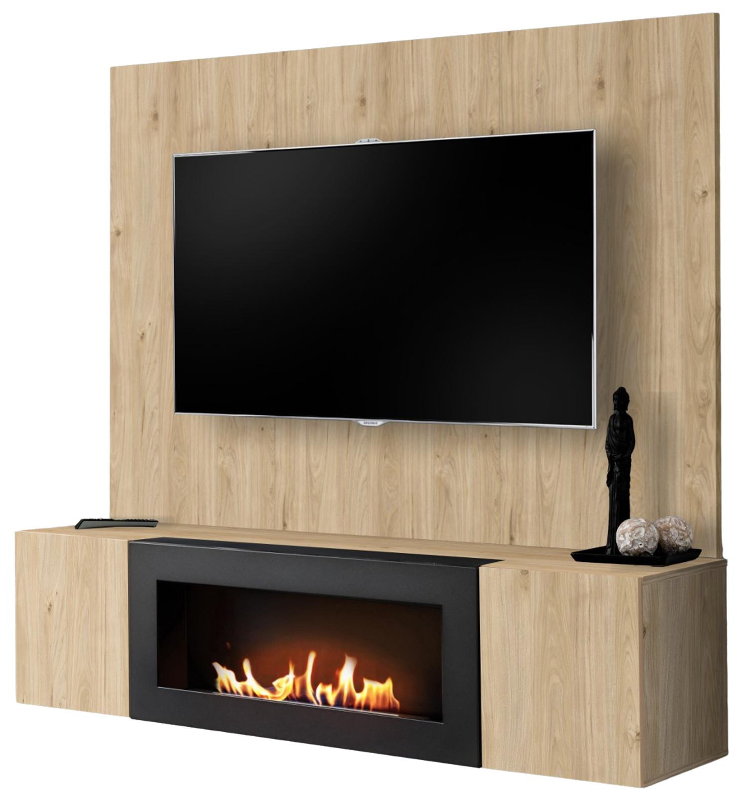 TV-LOWBOARD Eiche Jackson 160 cm hängend, Set inklusive Ethanol Kamin und Wandpaneel - Eichefarben, Holzwerkstoff (160/158/40cm) - Inn.Furn