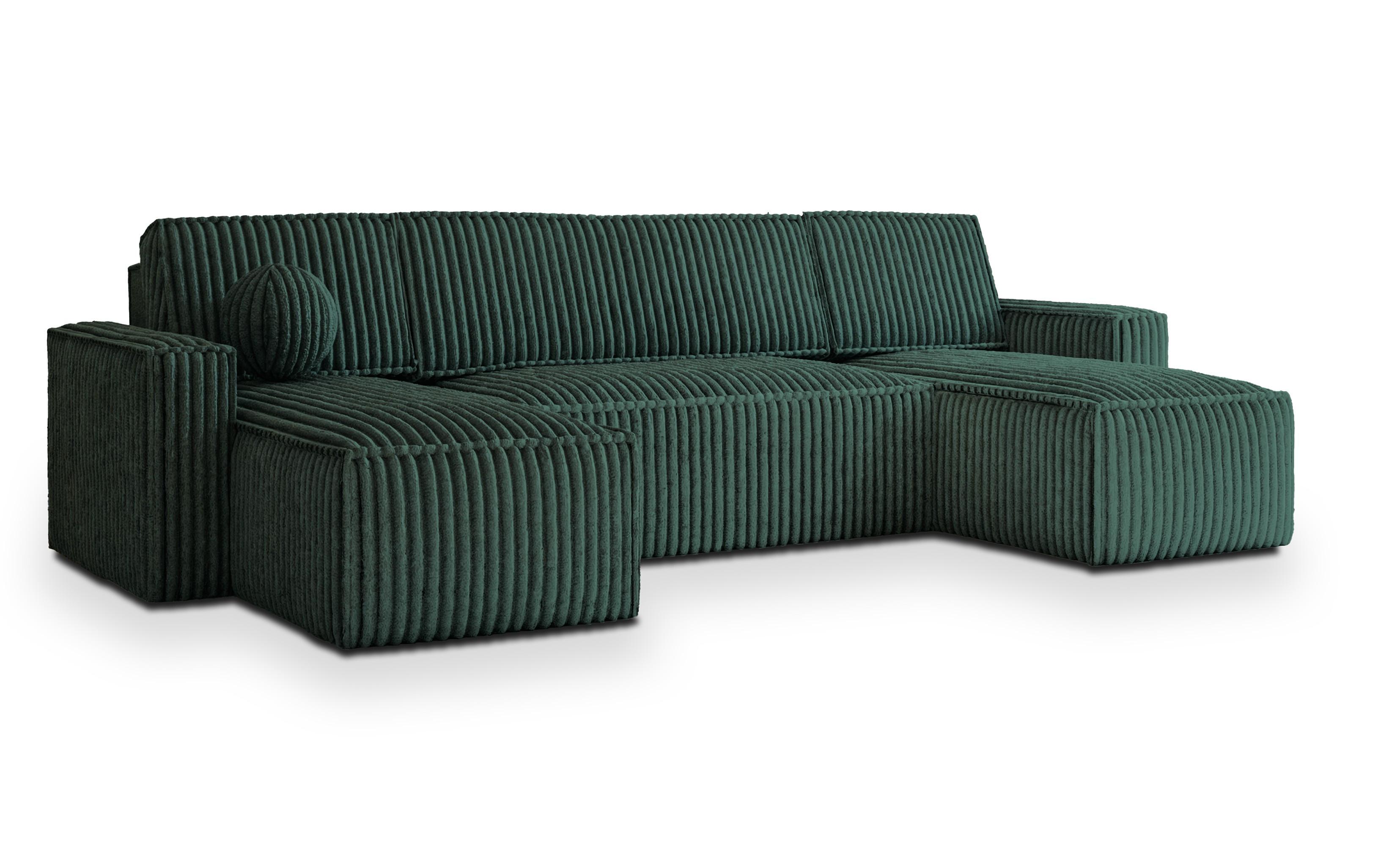 WOHNLANDSCHAFT PESANO T Grün Kordstoff mit Schlaffunktion - Grau/Grün, Holz/Kunststoff (306/85/140cm) - MASSENO