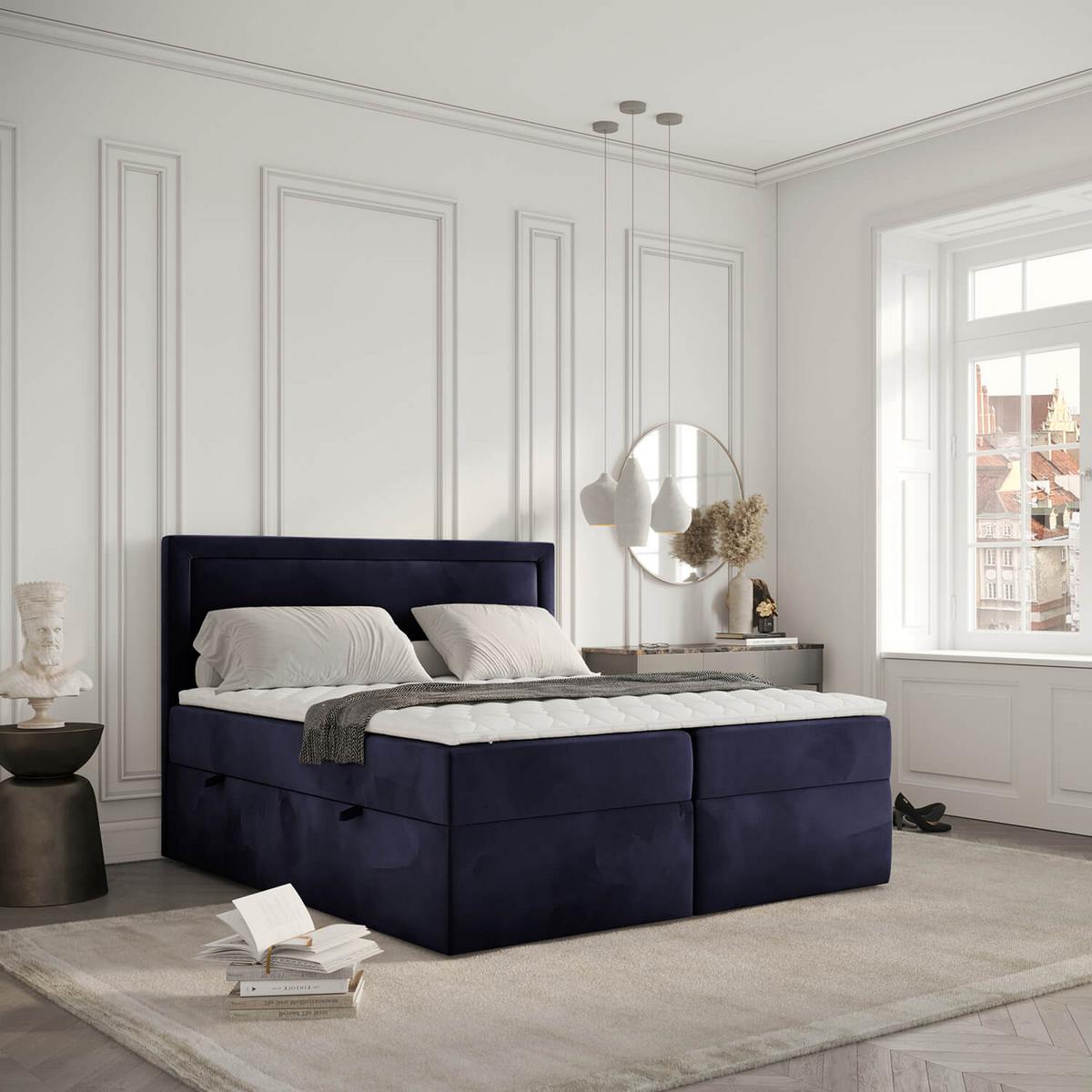 BOXBETT Jodan 180/200 cm Marineblau im Magic Velvet Stoff - Schwarz/Dunkelblau, Holz/Holzwerkstoff (180/200cm) - AltaBeds