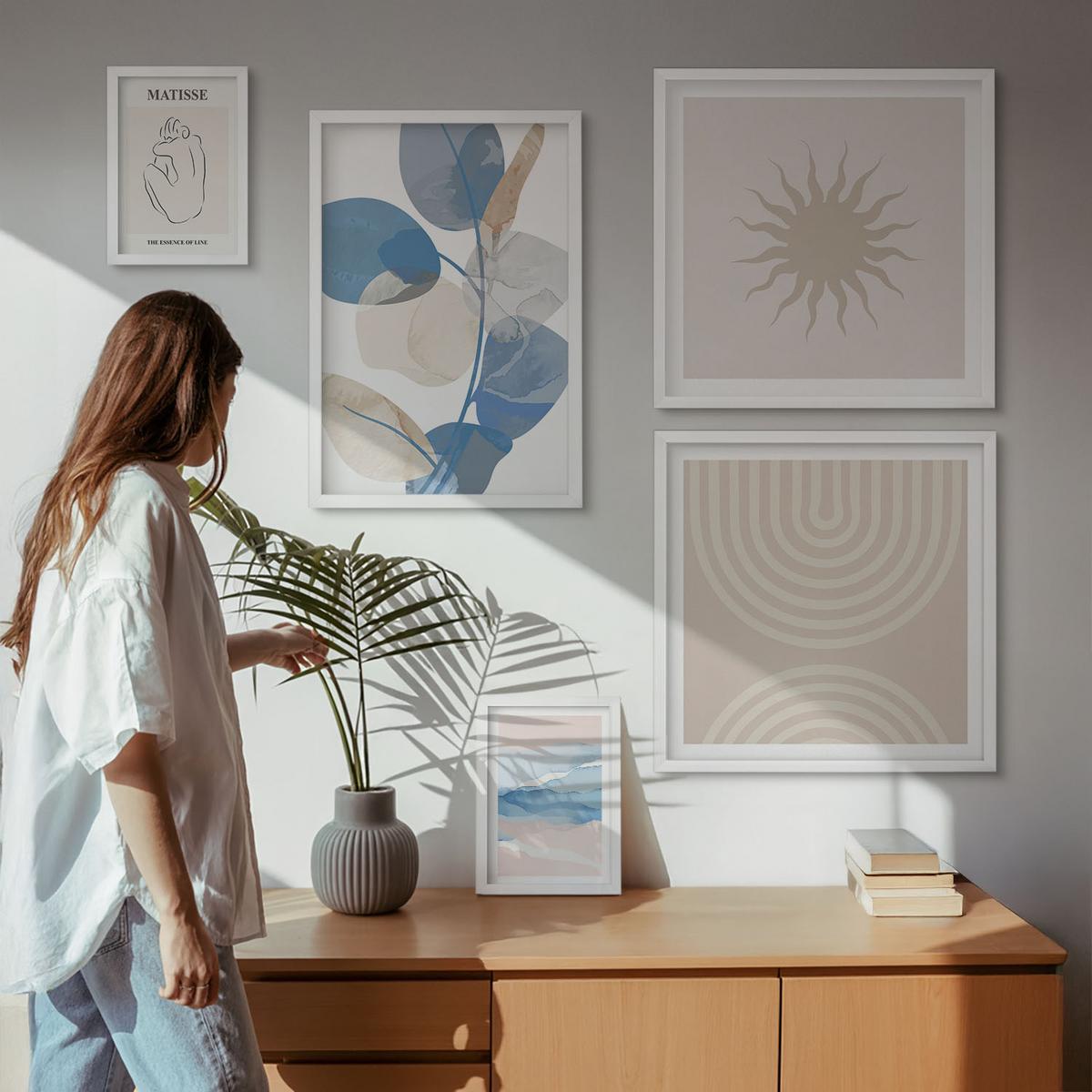 BILDER SET 5er Set - 50x50 cm & 20x30 cm & 40x60 cm Weißer Rahmen - Linien, Wellen, Pastellfarben, minimalistisch - Weiß, Kunststoff (40/60cm) - TULUP