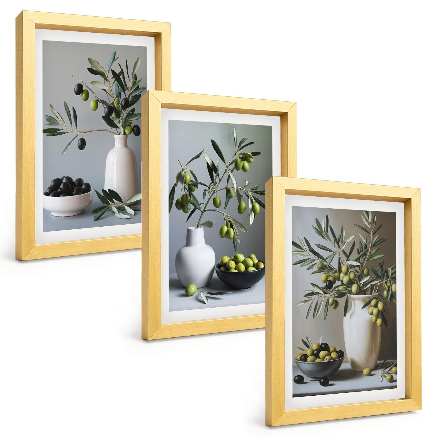 BILDER SET 3er Set - 20x30 cm Goldrahmen - Oliven in schlichten Vasen - Goldfarben, Kunststoff (20/30cm) - TULUP