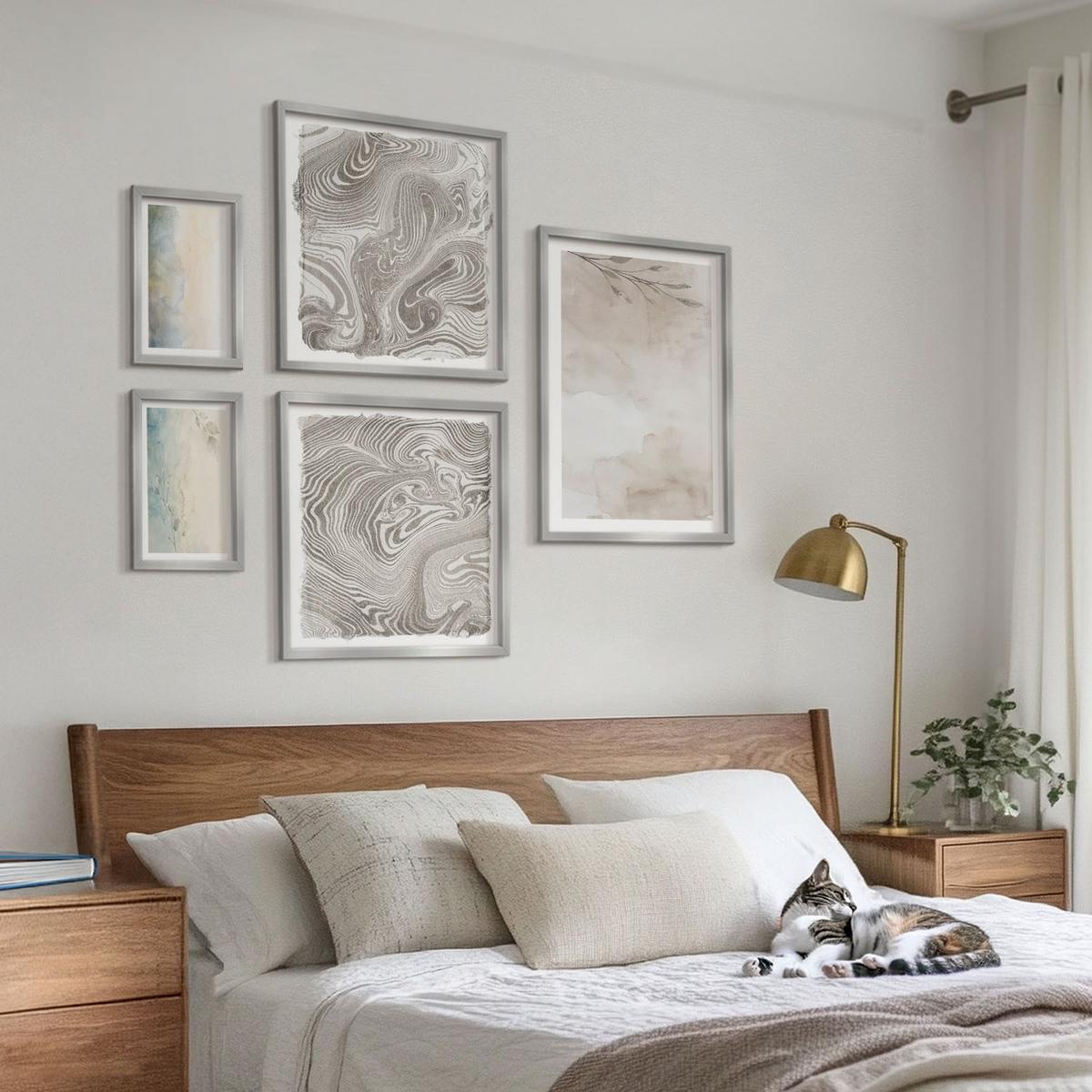 BILDER SET 5er Set - 50x50 cm & 20x30 cm & 40x60 cm Silberner Rahmen - Zarte Aquarellkartons - Silberfarben, Kunststoff (40/60cm) - TULUP
