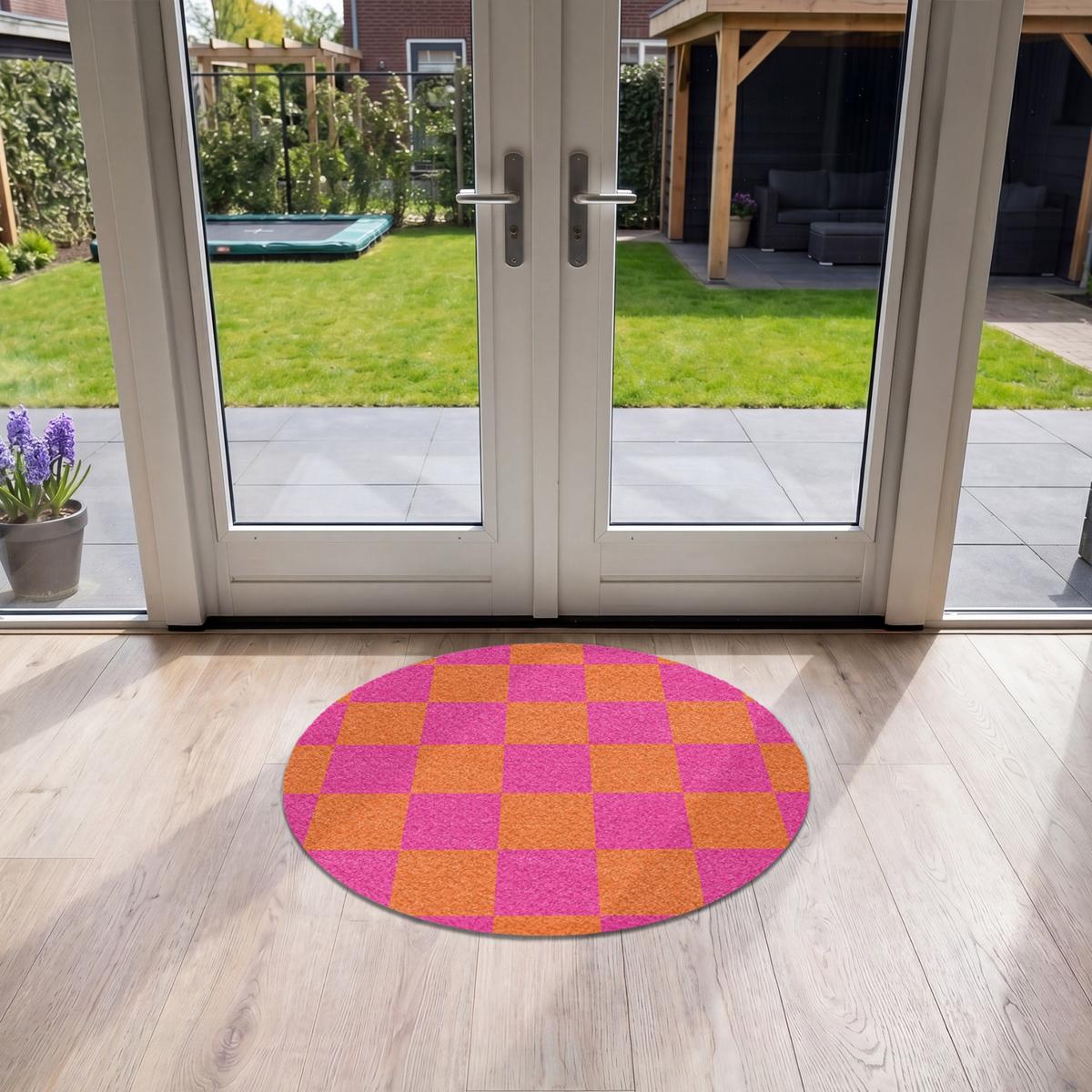 FUSSMATTE Schachbrettmuster - Orange - Rosa - Blöcke Schmutzfangmatte 90x90 cm - Pink, Kunststoff (90/0.4cm) - MuchoWow