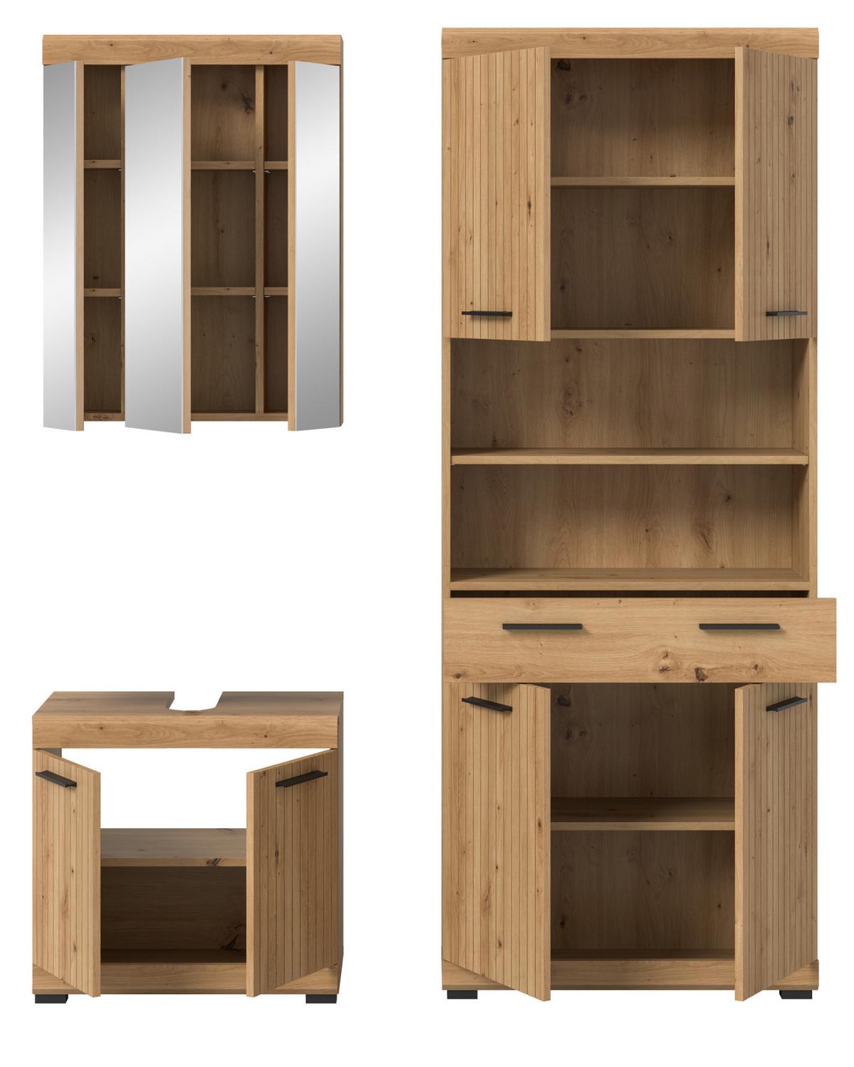 BADMÖBEL-SET Eiche Artisan 149 x 191 cm 3-teilig, Badkombination modernes Design - Schwarz/Eiche Artisan, Glas/Holzwerkstoff (149/191/34cm) - Inn.Furn