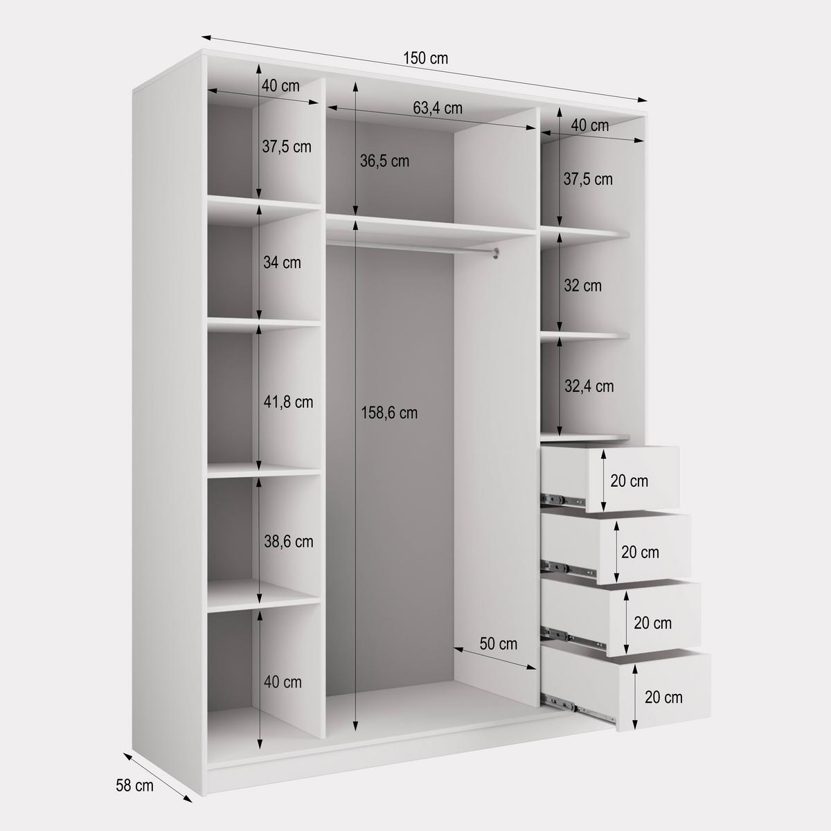 SCHWEBETÜRENSCHRANK TARI 150/205/58 cm 3-türig mit Spiegel und Schubladen Eiche Lefkas - Eichefarben/Schwarz, Holzwerkstoff (150/205/58cm) - MASSENO