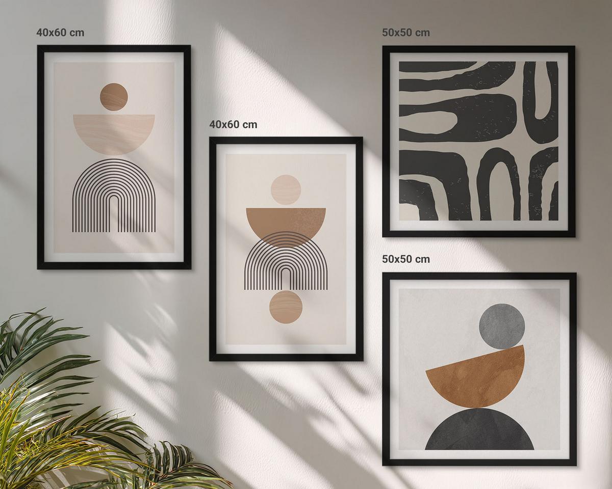 BILDER SET 4er Set - 50x50 cm & 40x60 cm Schwarzer Rahmen - Abstraktes Boho-Design - Schwarz, Kunststoff (50/50cm) - TULUP