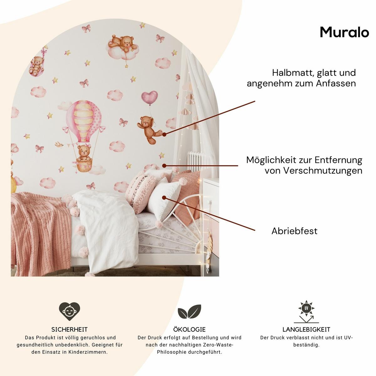 WANDSTICKER Teddybären rosa Wolken Sterne Ballons 120x60 - Gelb/Beige, Papier (120/60/1cm) - Muralo