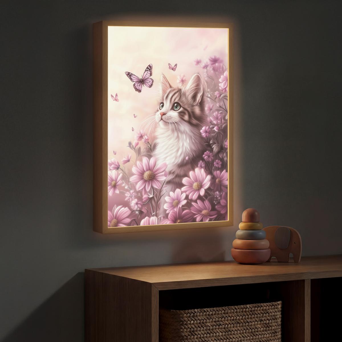 WANDLEUCHTE MIT AKKU Kätzchen - Blumen - Schmetterlinge - Lila 40x60 cm - Altrosa, Holzwerkstoff (40/60/8cm) - OnlyWow