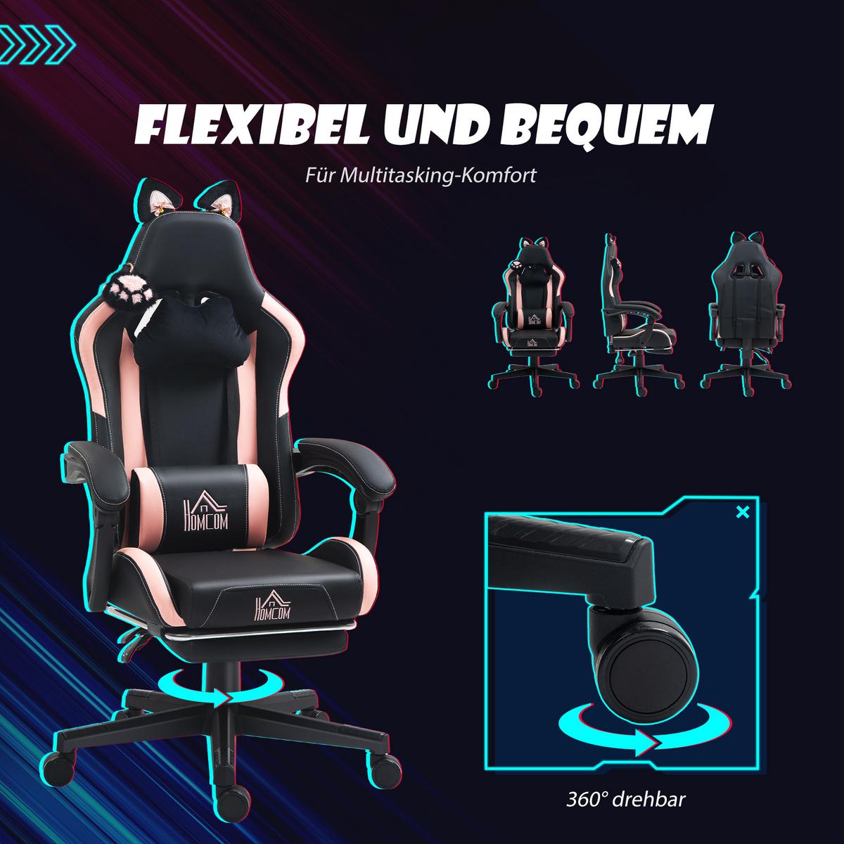 GAMINGSTUHL mit Lendenkissen Rosa, Schwarz - Schwarz, Kunststoff (62/124/65cm) - HOMCOM