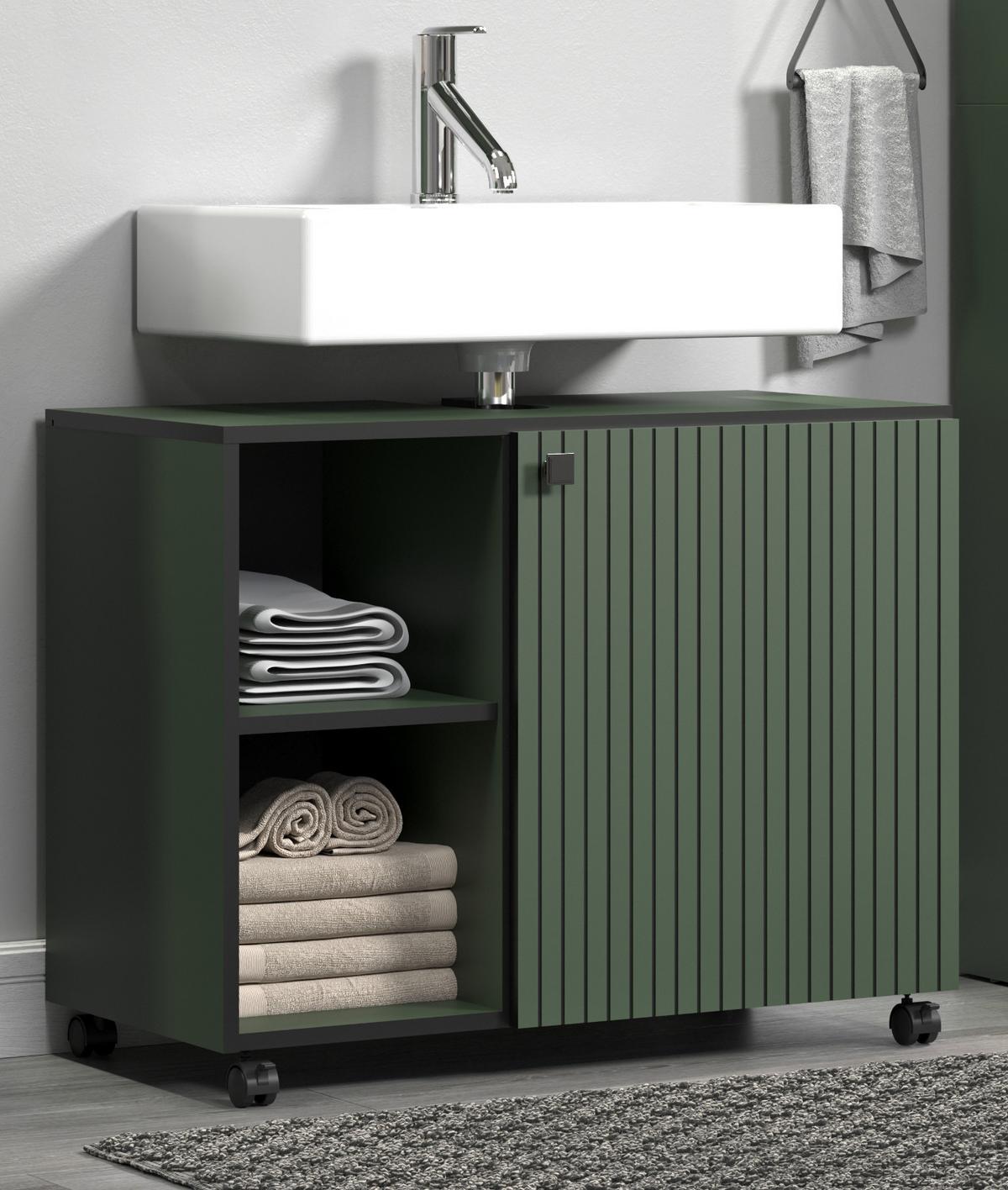 WASCHBECKENUNTERSCHRANK grün 80 cm, Badschrank auf Rollen - Schwarz/Grün, Holzwerkstoff/Metall (80/64/42cm) - Top.Furn