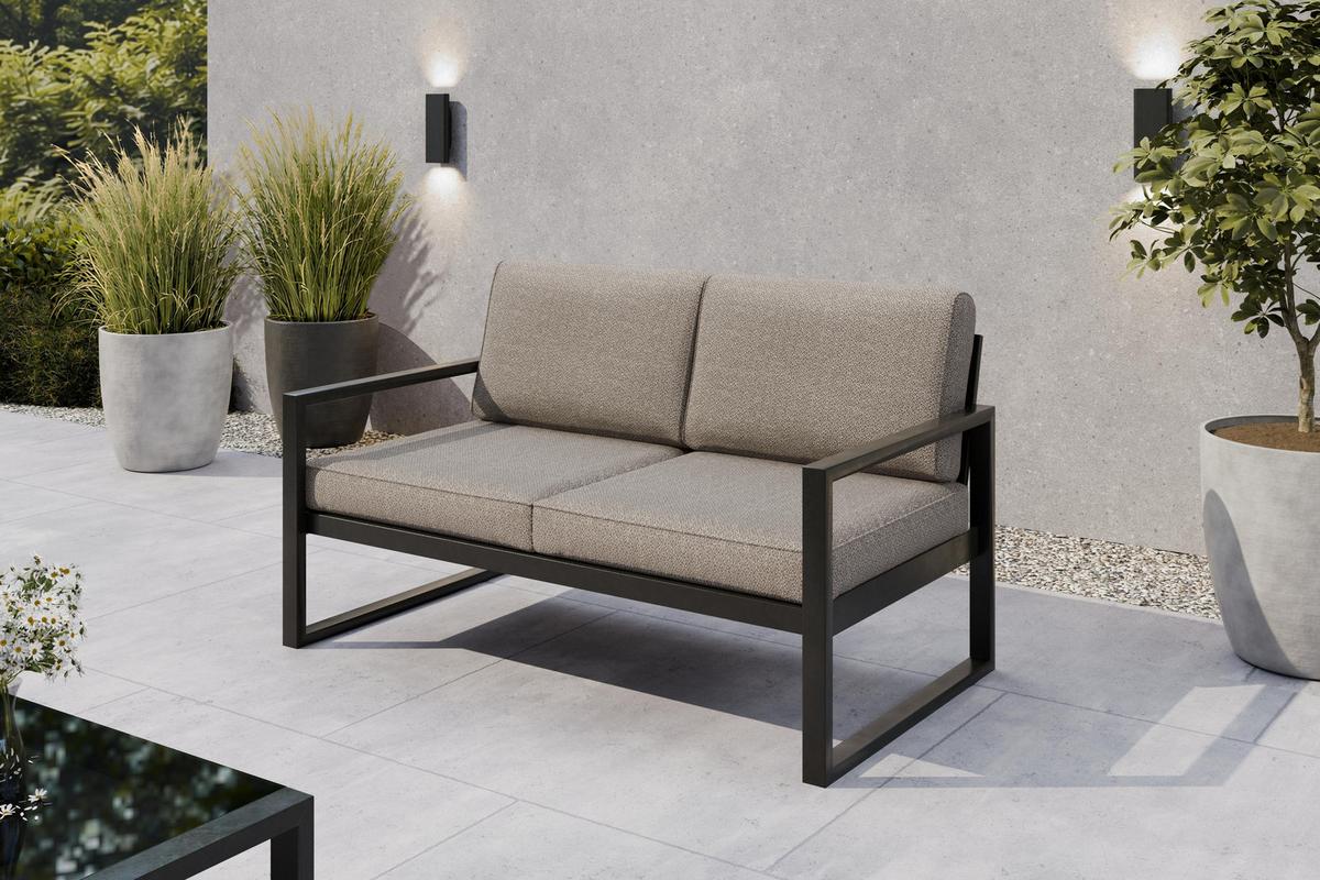 GARTENBANK Bellano Outdoor 2-Sitzer Polster-Loungebank, Stahlgestell Schwarz, Dunkelbeige 76/146/80 cm - Beige, Textil (146/86/80cm) - WFL GROUP