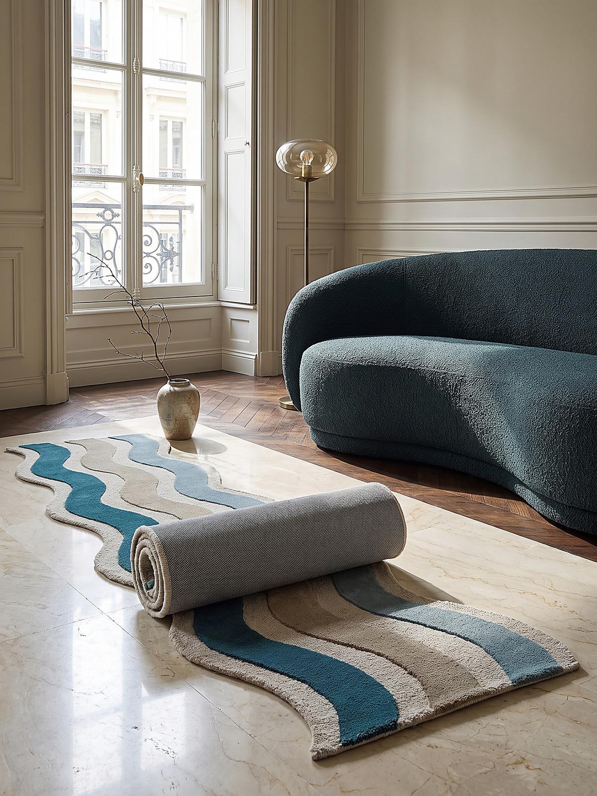 TEPPICHLÄUFER handgetuftet MONNOW, Wellenstreifen, Natur-Blau, 80 x 300 cm - Blau/Beige, Textil (80/300cm) - KADIMA DESIGN