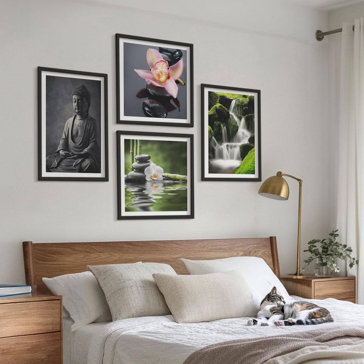 BILDER SET 4er Set - 50x50 cm & 40x60 cm Schwarzer Rahmen - Zen-Gemälde, Wassersteine, Buddha - Schwarz, Kunststoff (50/50cm) - TULUP