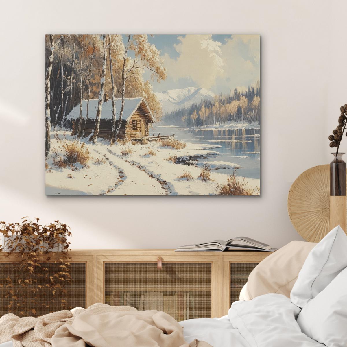 AKUSTIKBILD Winter - Schnee - Zuhause - Natur Gemälde 80x60 cm - Hellbraun, Kunststoff (80/60/0.9cm) - MuchoWow