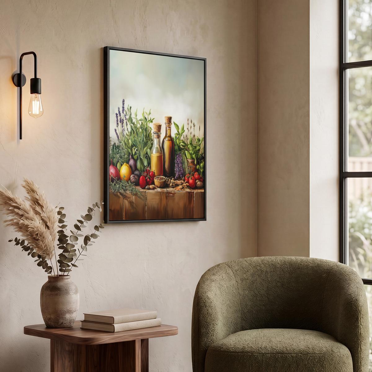 LEINWAND Bilder mit Rahmen - Stilleben - Kräuter - Gewürze - Früchte - Farbenfroh - 60x80 - Grün, Textil (60/80cm) - MuchoWow