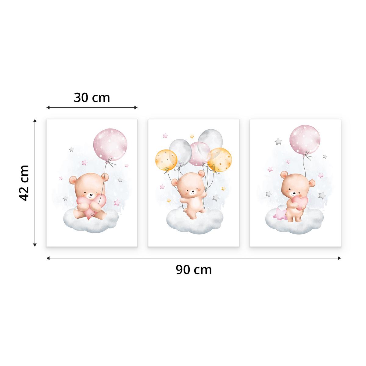 POSTER SET für Kinderzimmer Teddybären Wolken Ballons Sterne 3x Poster A3 30x42cm - Beige/Rosa, Papier (30/42/1cm) - Muralo