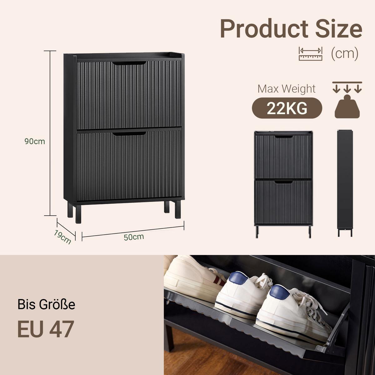 SCHUHSCHRANK schwarz, 4-6 Paar, 2 Klappen mit schrägen Einlegeböden, 90 cm hoch, nur 19 cm tief, Plissee-Front, für schmale Flure - Schwarz, Holzwerkstoff/Metall (50/90/19cm) - SoBuy