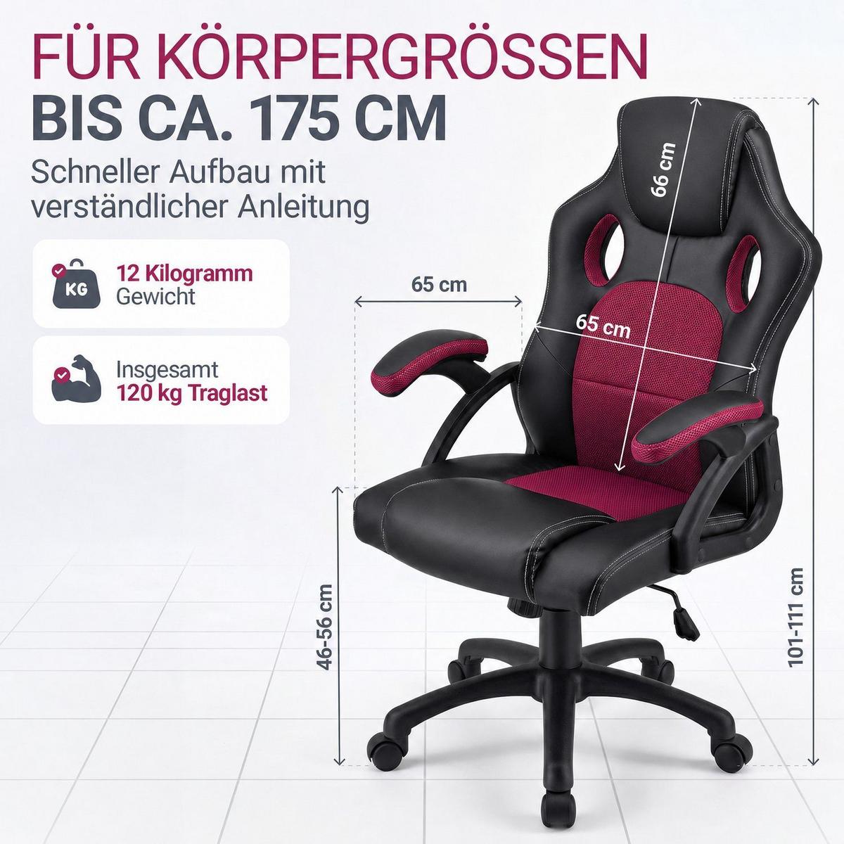 SCHREIBTISCHSTUHL Montreal bordeaux - Bordeaux, Textil (47/111/52cm) - Juskys