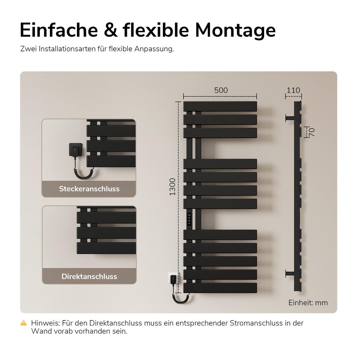 HEIZKÖRPER Elektrisch WLAN Thermostat Schwarz 130/50 cm - Schwarz, Metall (50/130/11cm) - EMKE