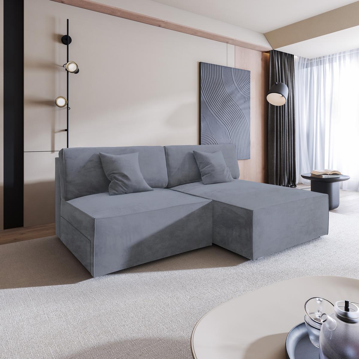 ECKSOFA FIORO M Grau Velours-Stoff mit Schlaffunktion - Grau, Holz/Kunststoff (204/148cm) - MASSENO