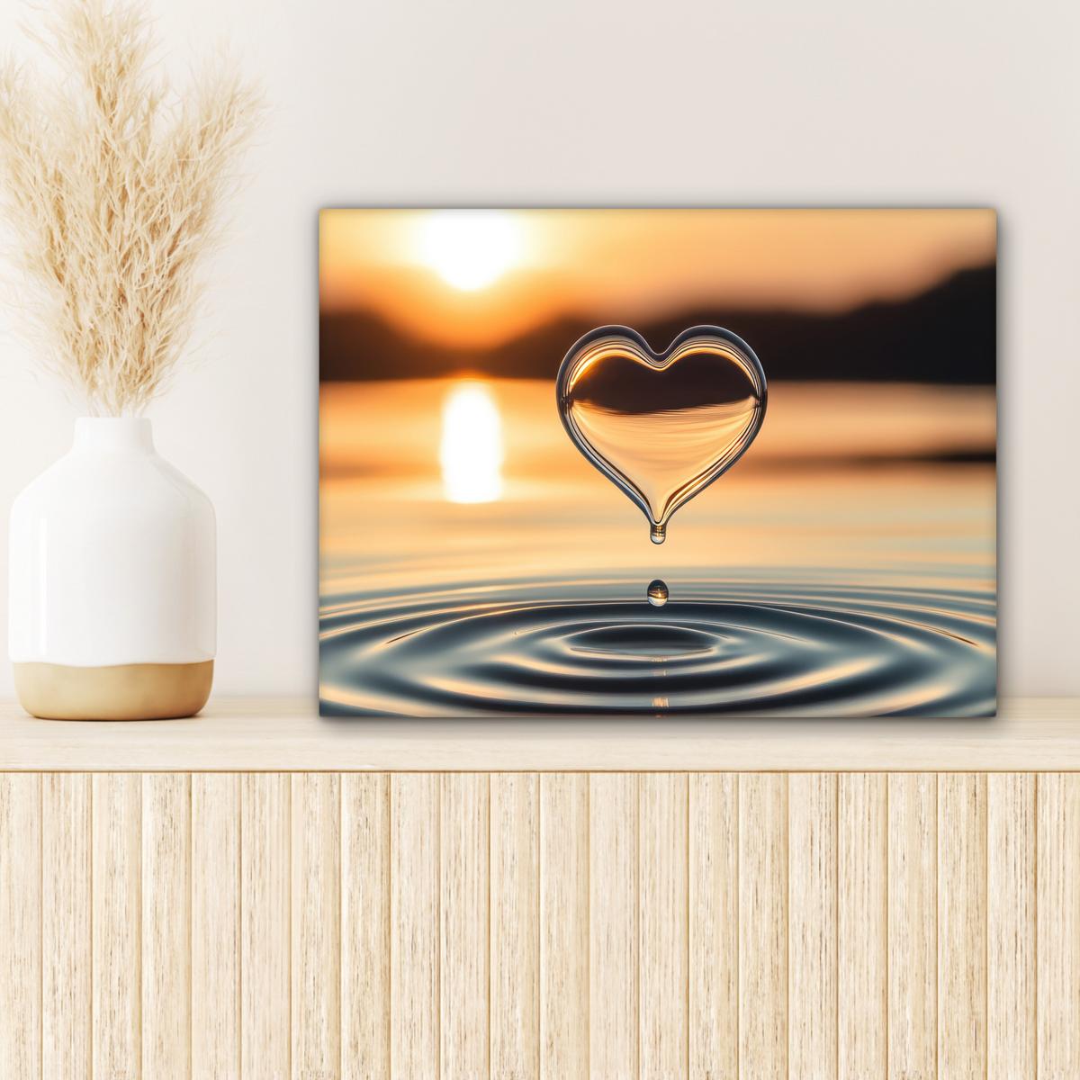 LEINWANDBILD Herz - Wasser - Sonnenuntergang - Natur - Zen Wandbild 40x30 cm - Bernsteinfarben, Textil (40/30cm) - MuchoWow