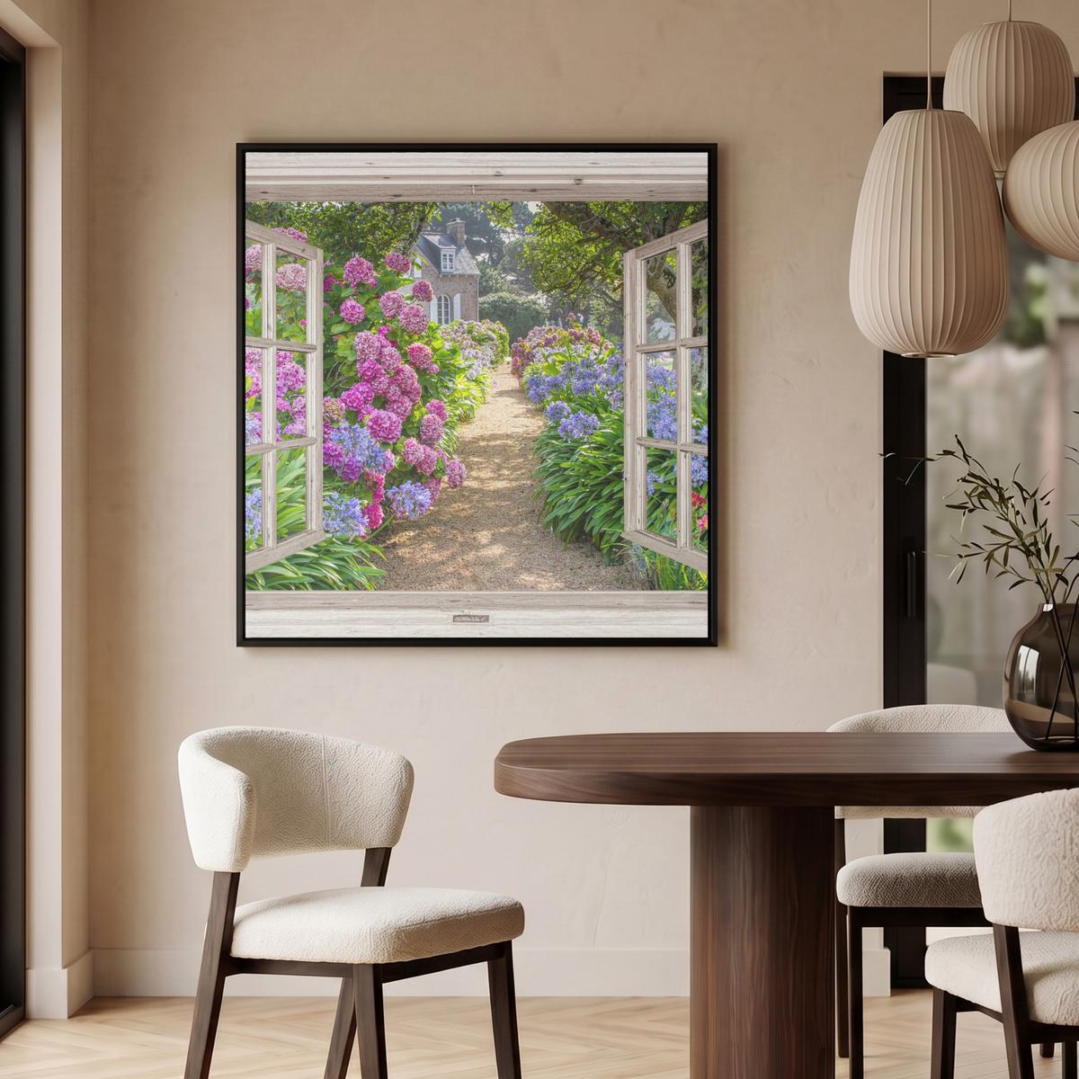 LEINWAND Bilder mit Rahmen - Hortensie - Durchsichtig - Blumen - Sommer - Lila - Weg - 90x90 - Lila, Textil (90/90cm) - MuchoWow