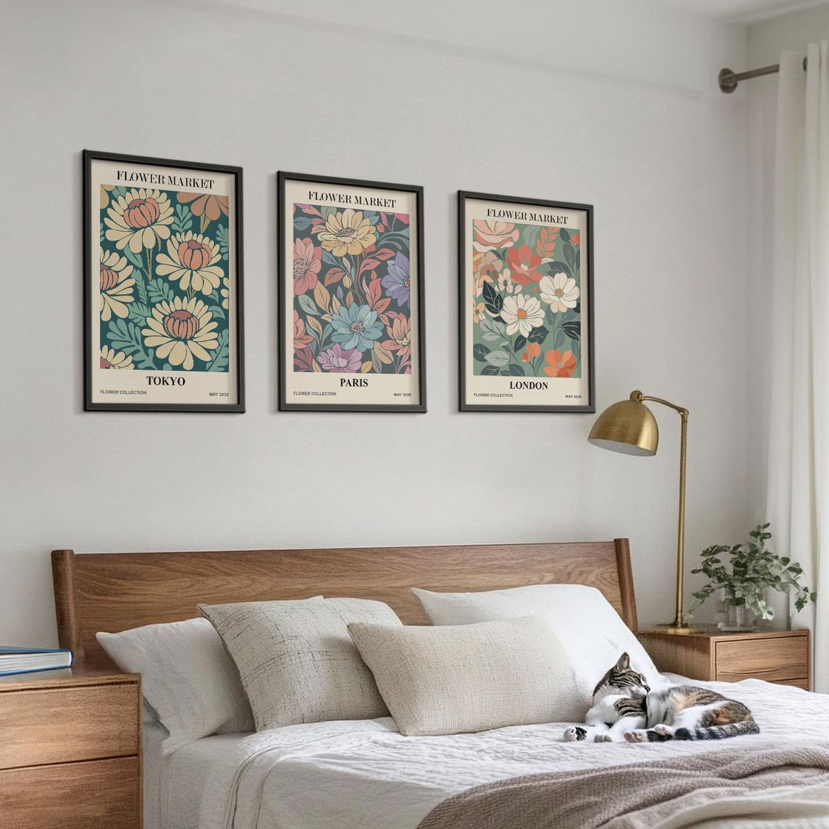BILDER SET 3er Set - 40x60 cm Schwarzer Rahmen - Blumenposter Tokio Paris London - Schwarz, Kunststoff (40/60cm) - TULUP
