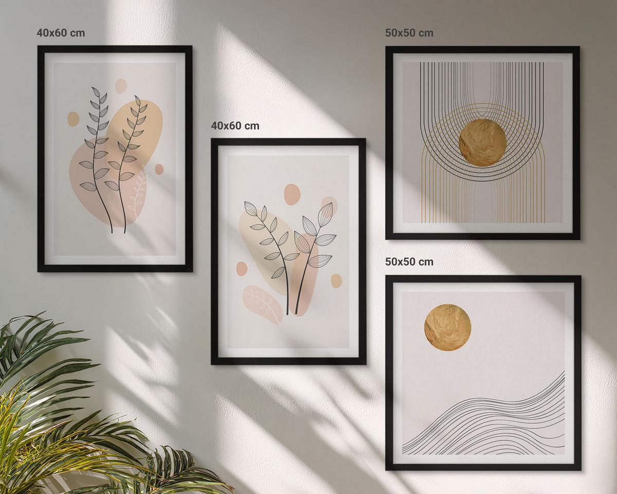 BILDER SET 4er Set - 50x50 cm & 40x60 cm Schwarzer Rahmen - Minimalistische Pflanzenzeichnungen - Schwarz, Kunststoff (50/50cm) - TULUP
