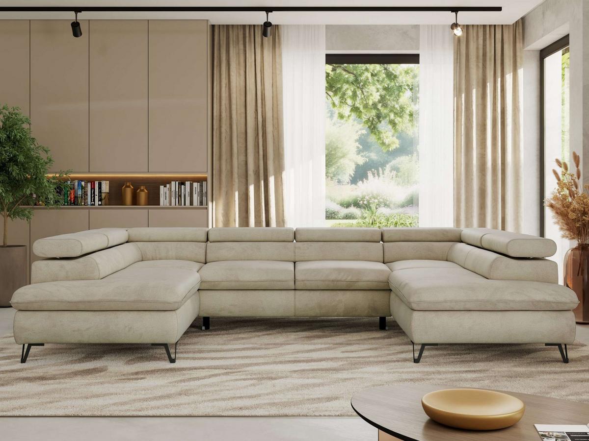 WOHNLANDSCHAFT PABLO U Velvet Beige mit Topper Visco - Beige/Schwarz, Textil/Metall (346/76/208cm) - MKS