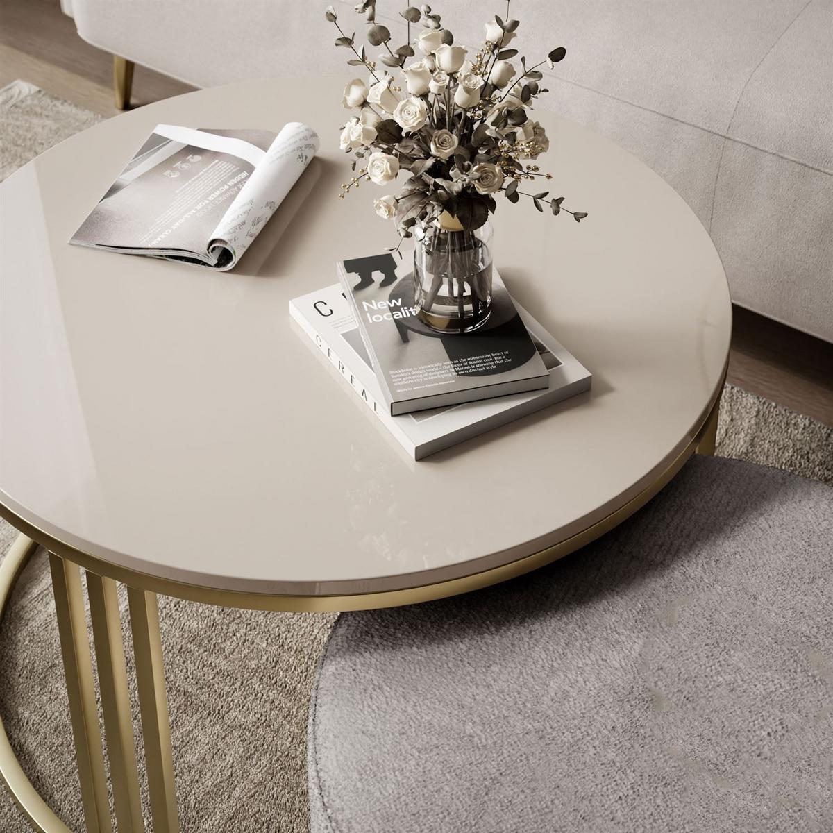 COUCHTISCH mit Hocker LORI Hochglanz gebürstetes Gold/glänzender Kaschmir/Perfect Harmony 82 - Kaschmir, Metall (70/70/49cm) - Lookway