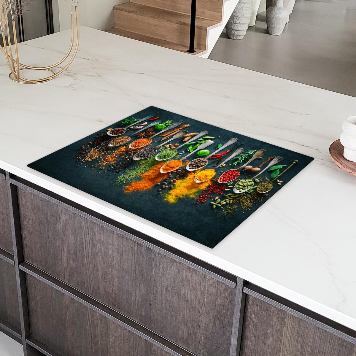 HERDABDECKPLATTE Kräuter - Gewürze - Löffel Induktionsmatte 77x59 cm - Multicolor, Kunststoff (77/59/0.2cm) - MuchoWow