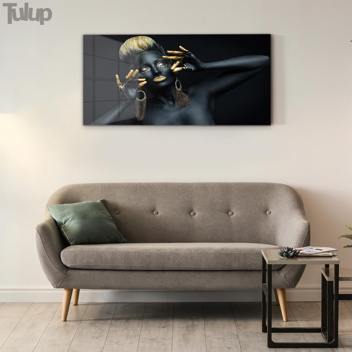GLASBILD 120x60 cm Frau - Dunkelgelb/Schwarz, Glas (120/60cm) - TULUP