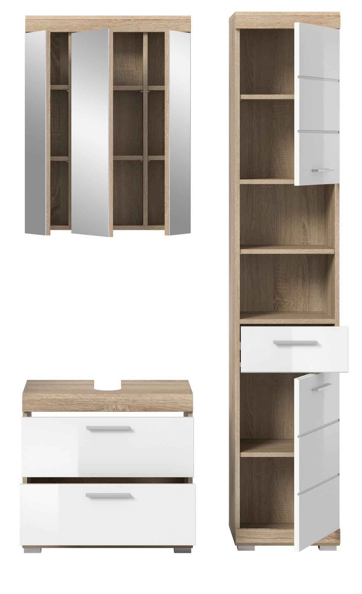 BADMÖBEL-SET weiß Hochglanz, Eiche 3-teilig 112 x 191 cm, viel Stauraum - Weiß Hochglanz/Eichefarben, Holzwerkstoff (112/191/37cm) - Inn.Furn