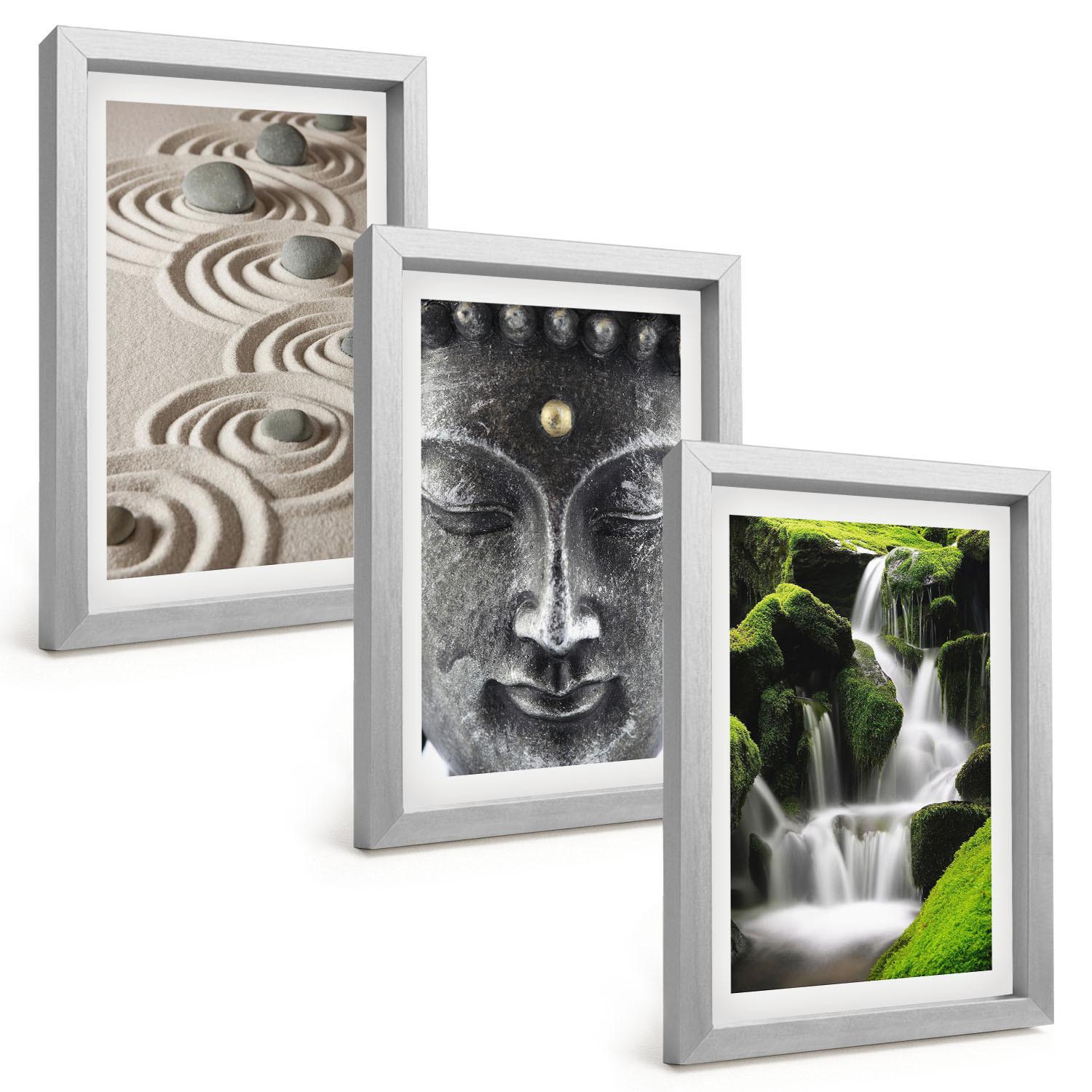 BILDER SET 3er Set - 20x30 cm Silberner Rahmen - Der Frieden der Steine des Buda Zen-Wasserfalls - Silberfarben, Kunststoff (20/30cm) - TULUP