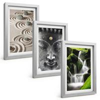 BILDER SET 3er Set - 20x30 cm Silberner Rahmen - Der Frieden der Steine des Buda Zen-Wasserfalls - Silberfarben, Kunststoff (20/30cm) - TULUP