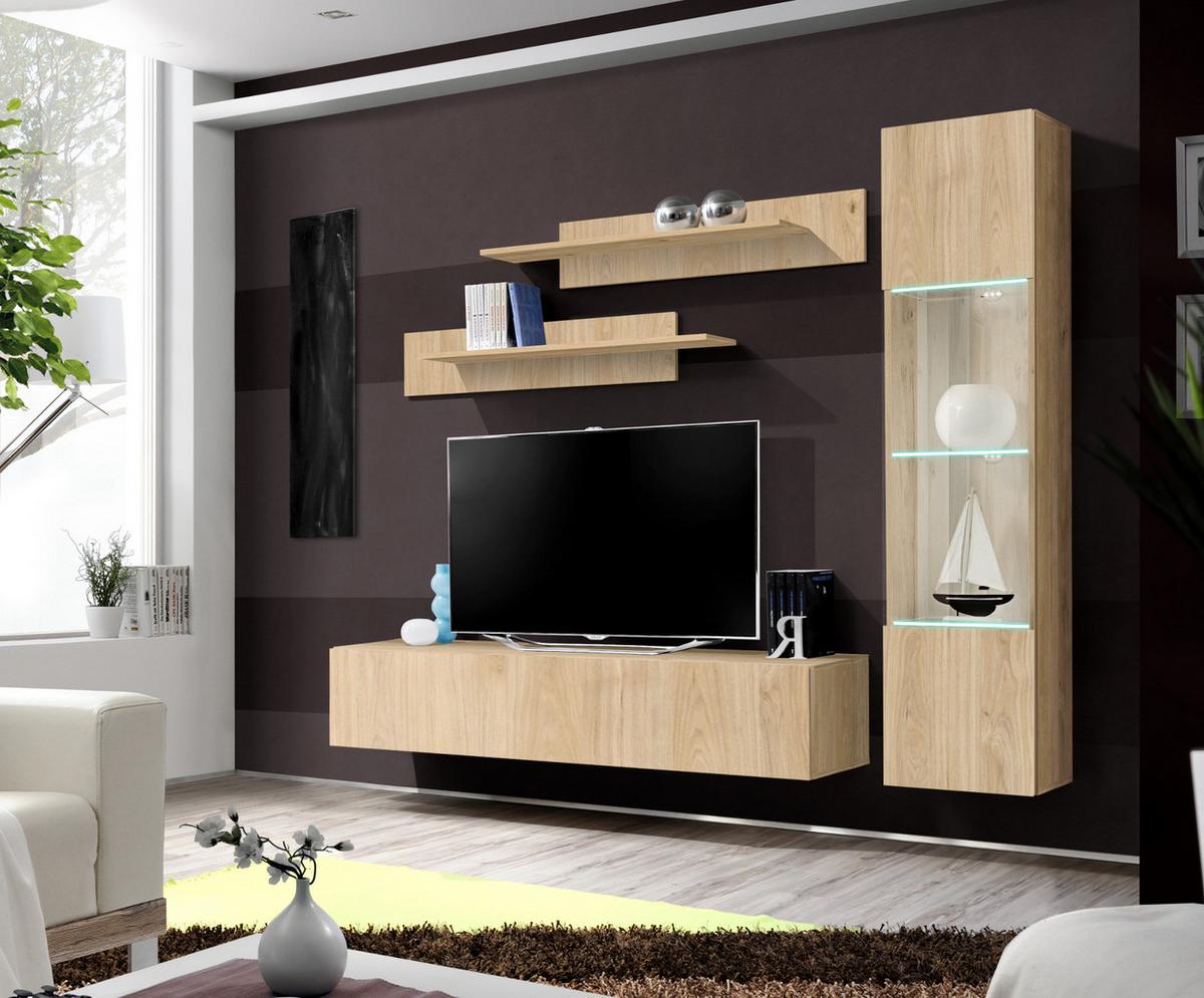 WOHNWAND Eiche Jackson 210 cm 4-teilig hängend, Schrwankwand mit LED-Beleuchtung - Eichefarben, Glas/Holzwerkstoff (210/170/40cm) - Inn.Furn