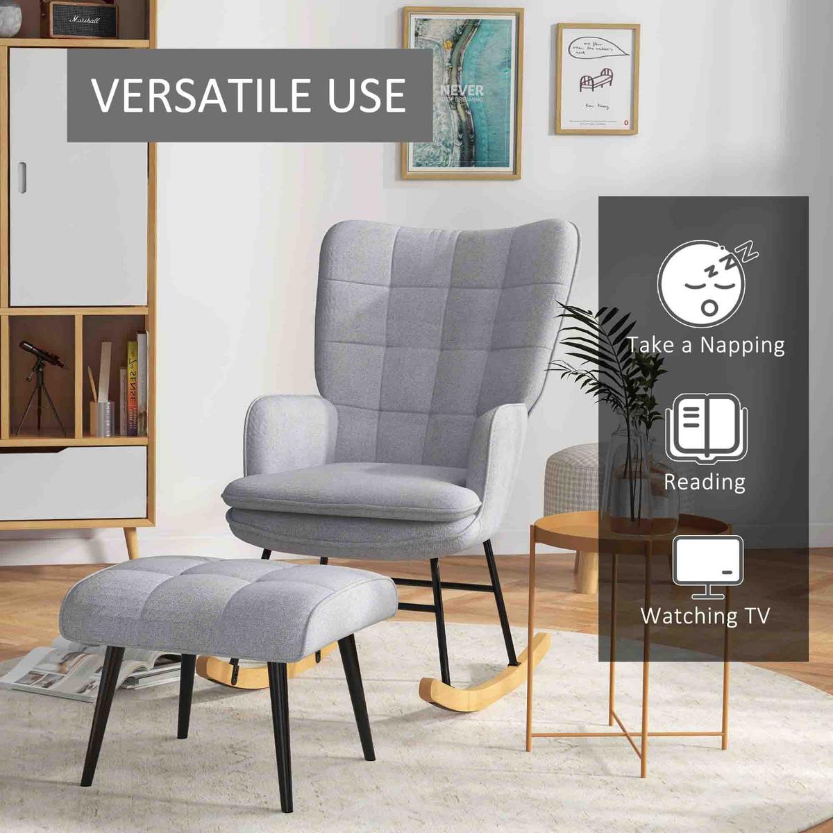 SCHAUKELSTUHL Schwingsessel mit Hocker Armlehnsessel Relaxsessel mit Leinenoptik - Hellgrau/Schwarz, Buchenholz/Textil (89/90/64cm) - HOMCOM