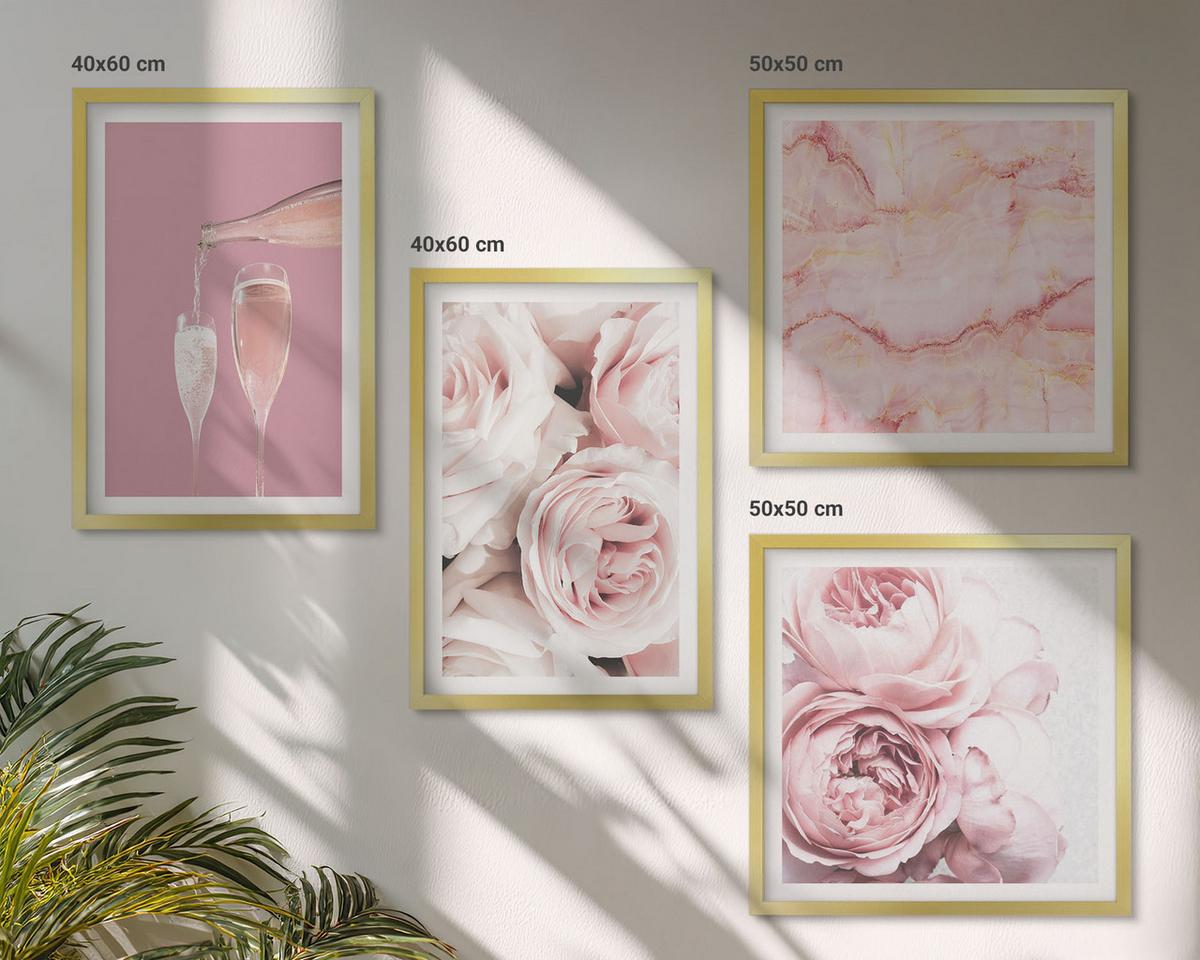 BILDER SET 4er Set - 50x50 cm & 40x60 cm Goldrahmen - Rosen, Champagner, Marmor, Pastell - Goldfarben, Kunststoff (50/50cm) - TULUP