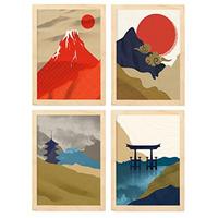 POSTER Set mit 4 japanischen Schreinen A3 Rahmen aus hellem Holz - Beige, Papier (29.7/3cm) - Nacnic