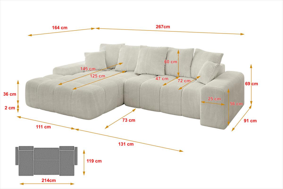 ECKSOFA Ottomane Links ENSI-L - 267x164x69 cm Creme - Ecru/Creme, Holzwerkstoff/Kunststoff (267/164cm) - ALTDECOR