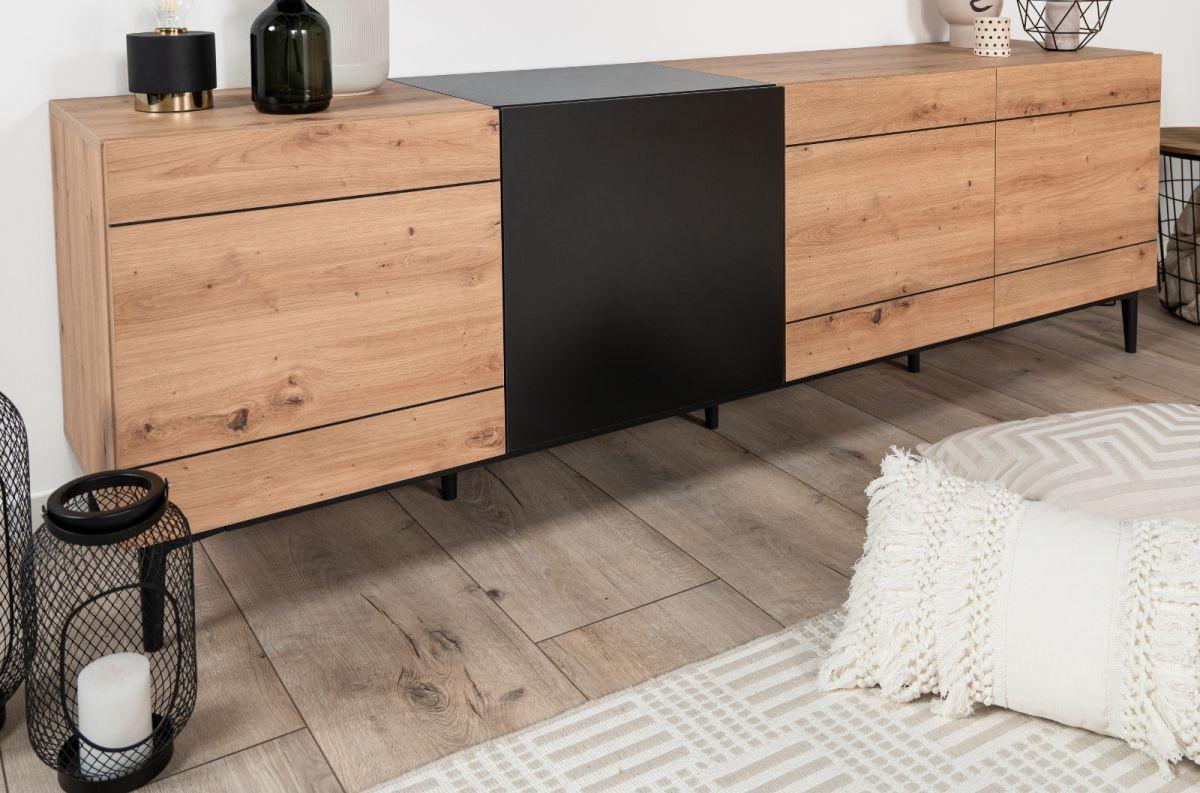 TV-LOWBOARD Eiche Artisan, schwarz 200 cm, Fernsehtisch mit Komforthöhe - Schwarz/Eiche Artisan, Holzwerkstoff (200/65/42cm) - Furn.Design